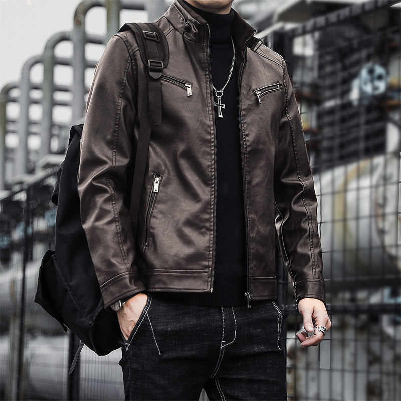 Men's Faux Leather Pilot Jacket with Stand-Up Collar and Zipper Pockets Chichicherry