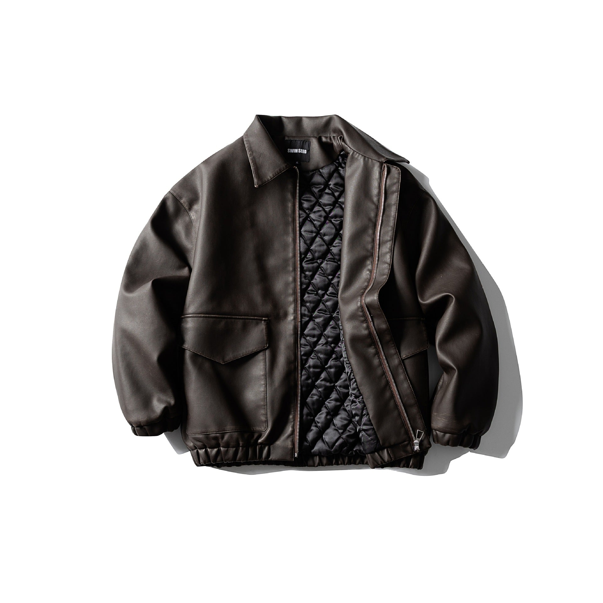 Men's Oversized Faux Leather Bomber Jacket with Flap Pockets, Concealed Closure and Elastic Hem Chichicherry