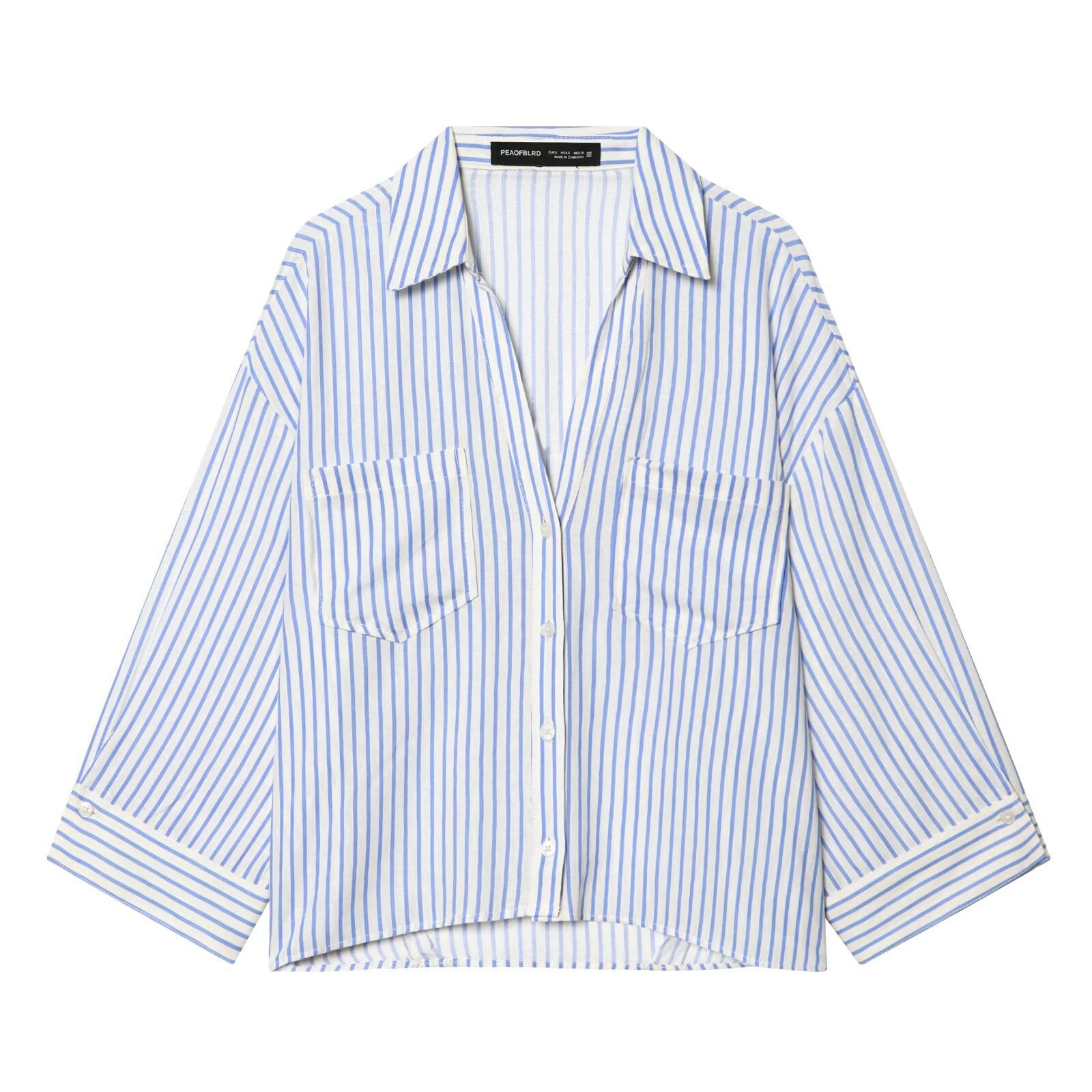 Women's Oversized Shirt Blouse with Chest Pockets, Three-Quarter Sleeves, and Curved Back Hem Chichicherry