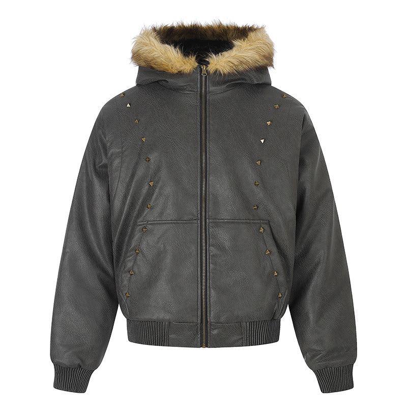 Women's Faux Leather Bomber Jacket with Hood, Faux Fur Trim and Decorative Rivets Chichicherry