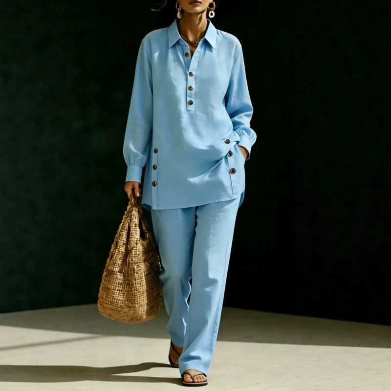 Women two-piece tunic set made of lightweight linen blend with shirt collar and side decorative buttons Chichicherry