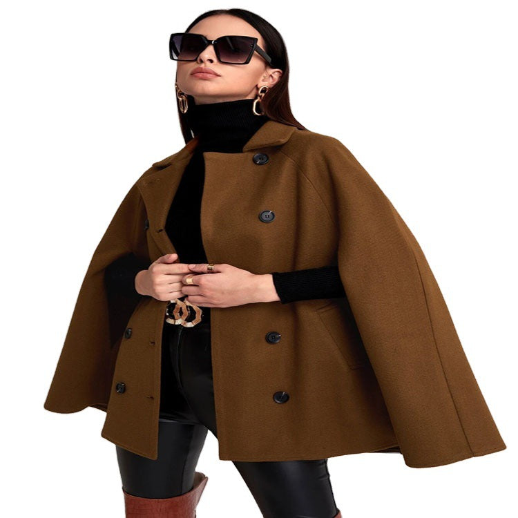Women's Short Cape Coat in Boxy Tailoring with Hidden Sleeve Slits and Notch Collar Chichicherry