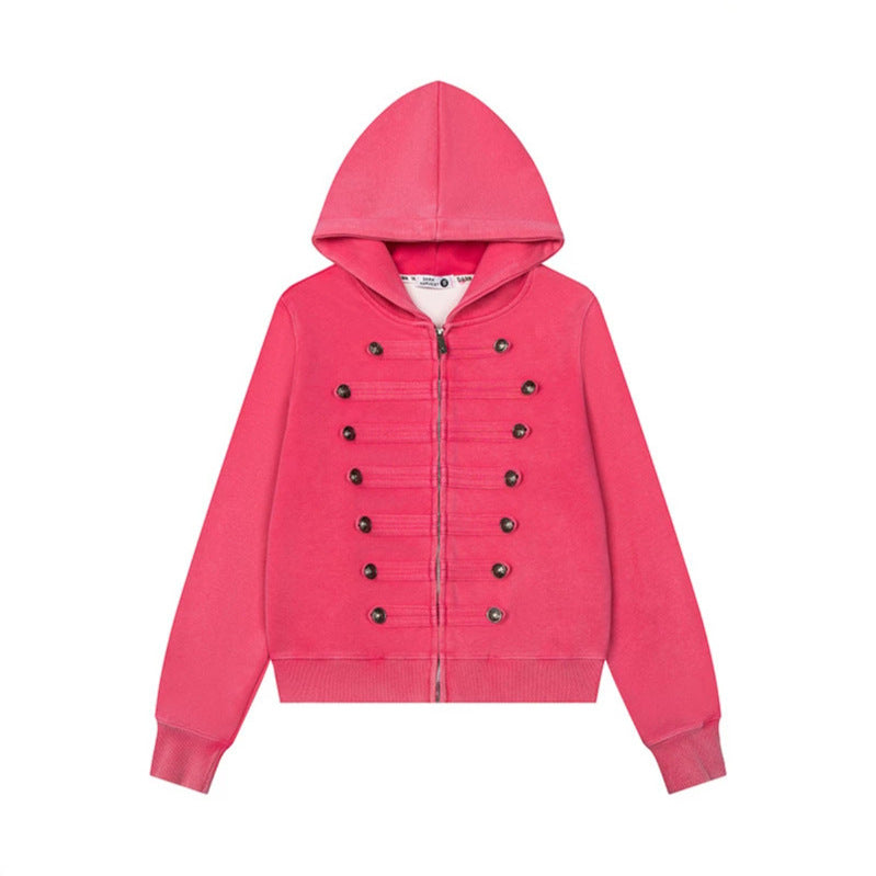 Women’s Hooded Sweat Jacket with Military Button Decoration and Full-Length Zipper Chichicherry