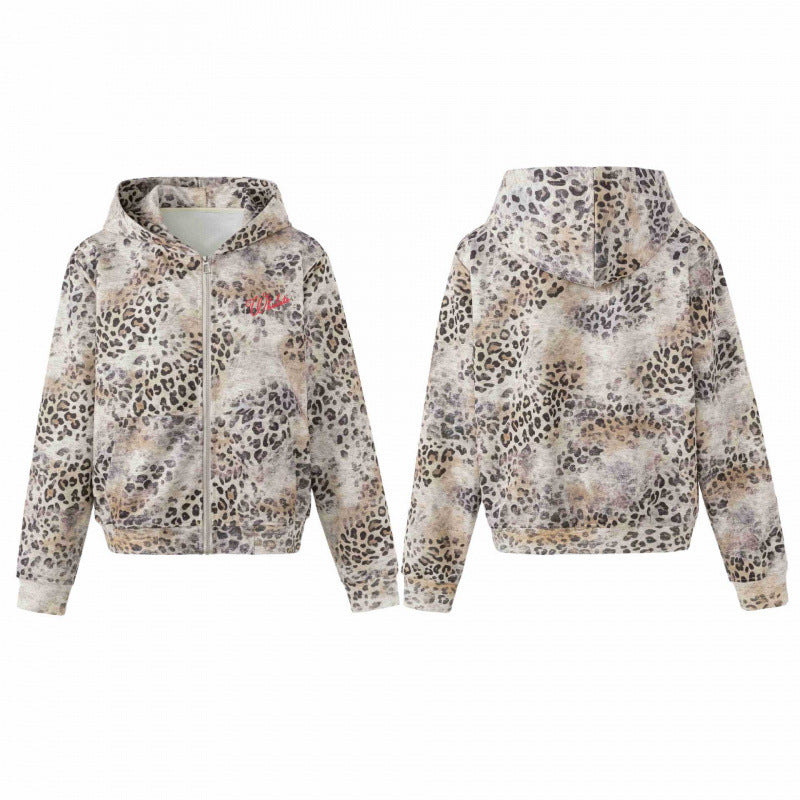 Women's Lightweight Hooded Zip Cardigan in Leopard Print with Full Zipper Chichicherry