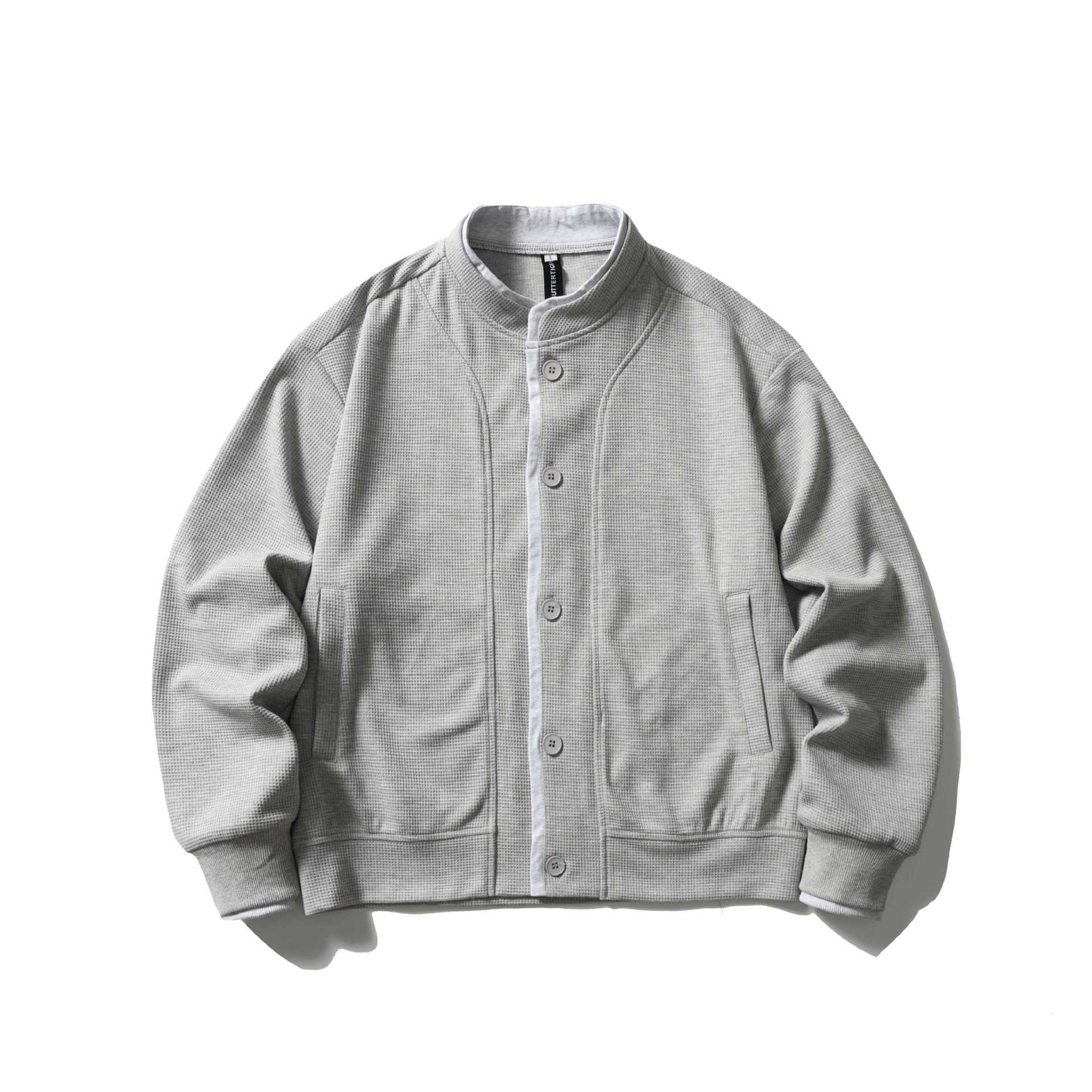 Unisex Short Cut Boxy Blouson Jacket with Waffle Structure, Stand-Up Collar and Contrast Piping Chichicherry