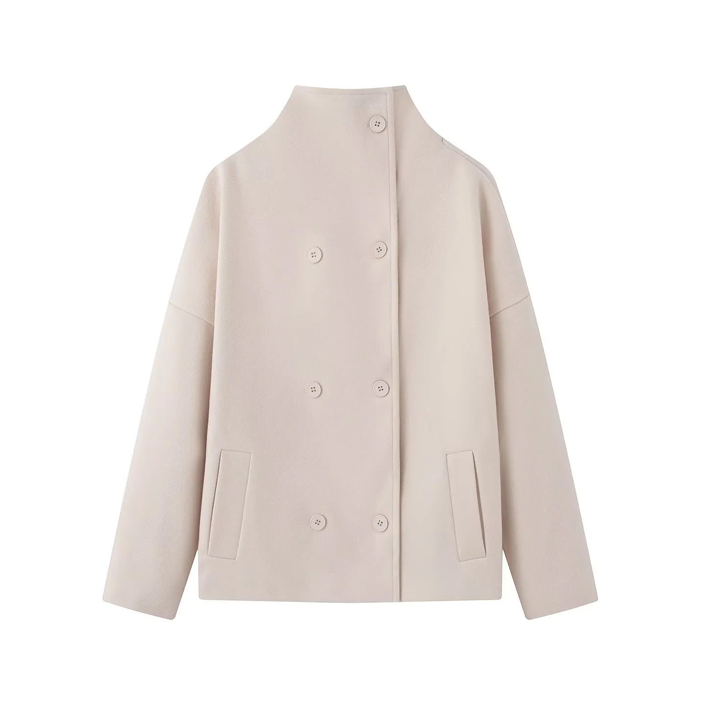 Women's Short Cut Boxy Wool Blend Coat with Stand-Up Collar and Concealed Double Button Placket Chichicherry