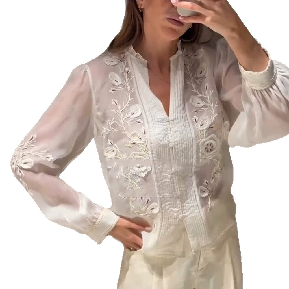 Ladies Transparent Embroidered Chiffon Blouse with Pintucks, V-Neck and Balloon Sleeves Chichicherry