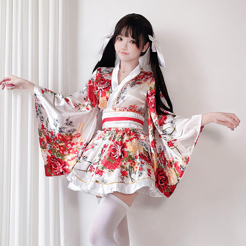 Women's traditional kimono dress with flowing sleeves and floral pattern Chichicherry