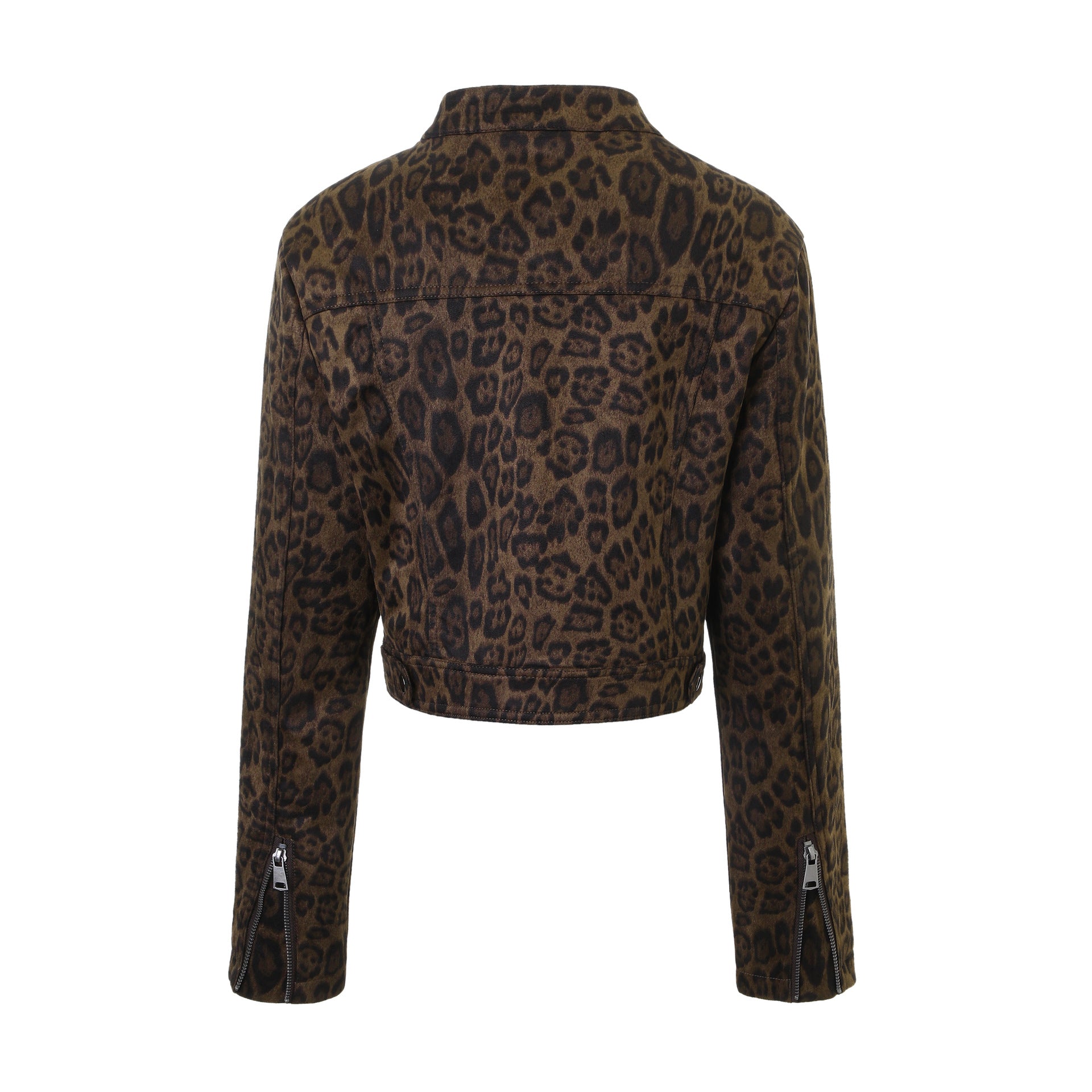 Women Short Jacket with Leopard Pattern and Stand-up Collar Chichicherry