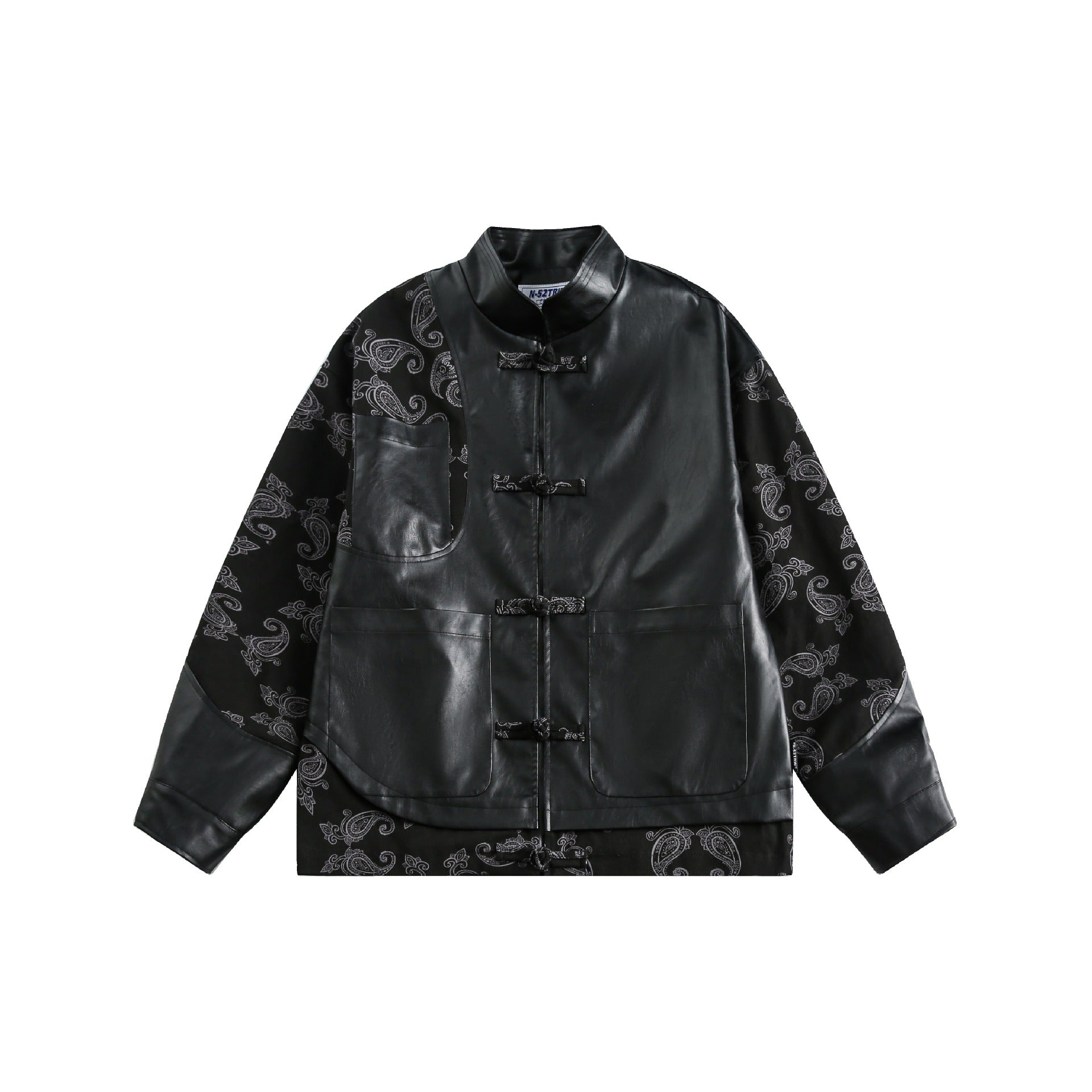 Unisex faux leather bomber jacket with paisley sleeves and toggle closures Chichicherry
