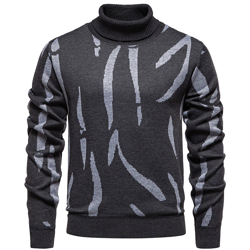 Men's Structured Turtleneck Sweater with Abstract Jacquard Pattern and Ribbed Trims Chichicherry
