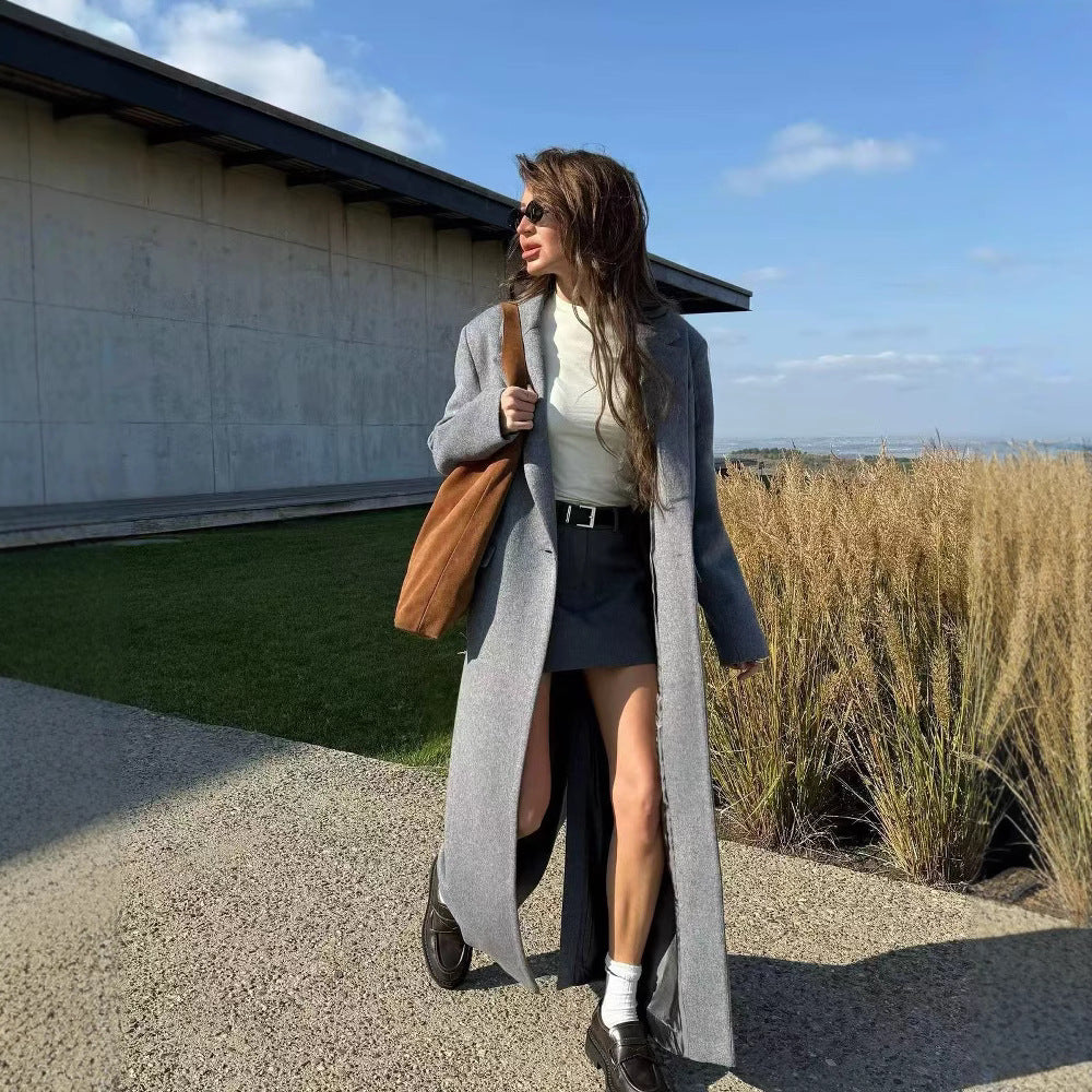Women's Longline Wool Coat with Oversized Cut, Notched Collar and Side Slits Chichicherry