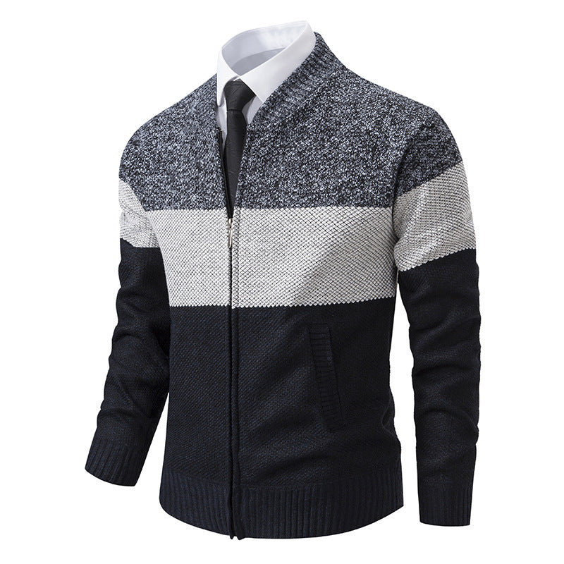 Men's Structured Block Stripe Cardigan with Front Zip, Stand Collar and Patch Pockets Chichicherry