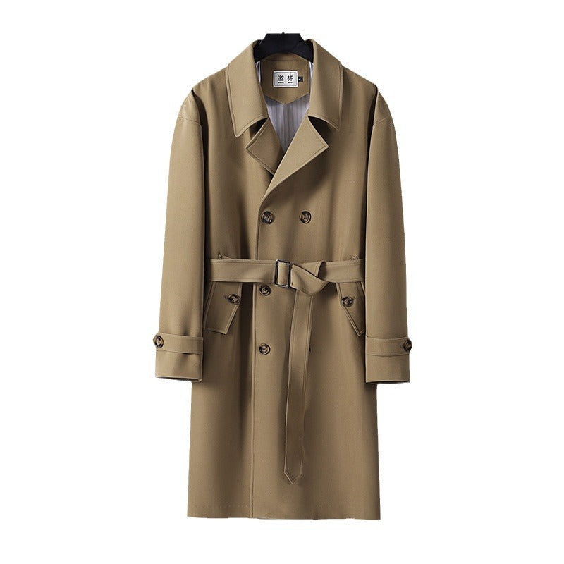 Men's Modern Knee-Length Double-Breasted Trench Coat with Waist Belt Chichicherry