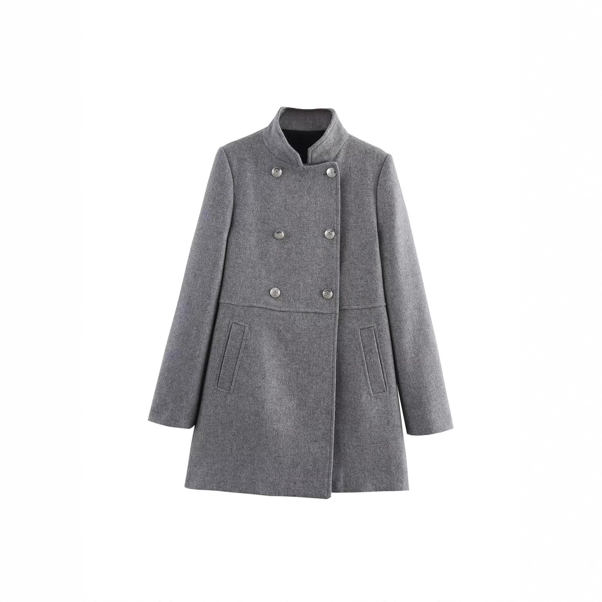 Women's Double-Breasted Wool Blend Coat with Stand Collar and Decorative Buttons Chichicherry