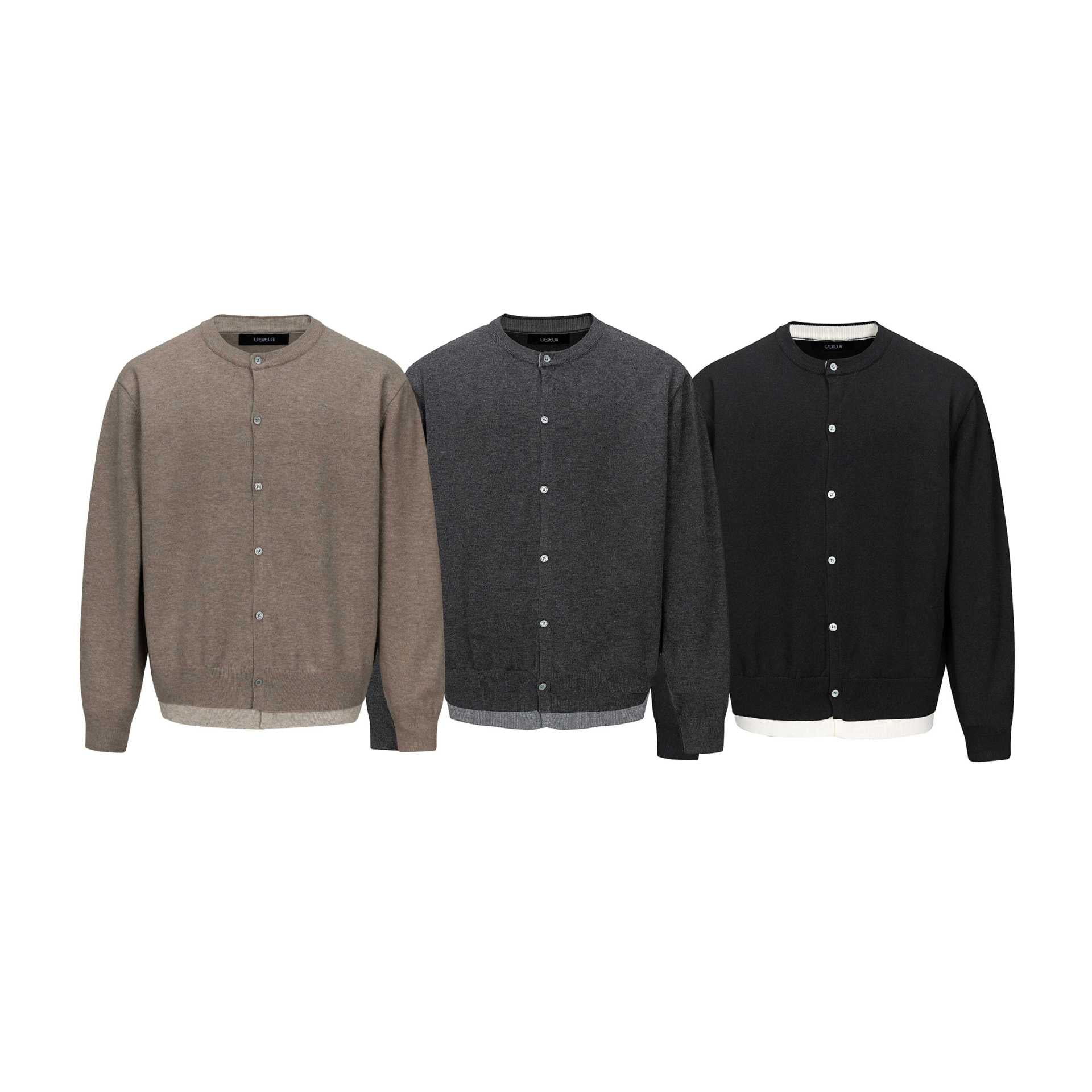 Men's fine knit cardigan with round neck, continuous button placket, and ribbed hem Chichicherry