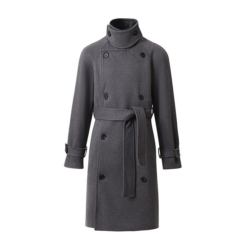 Men's Maxi Length Double-Breasted Wool Blend Coat with High Stand Collar and Tie Belt Chichicherry