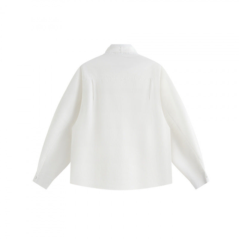 Unisex Boxy Overshirt with Stand Collar, Tie Loop and Snap Button Placket Chichicherry