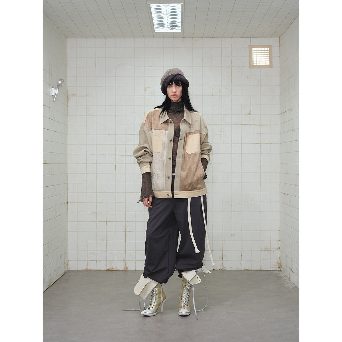 Men's Patchwork Canvas Blouson Jacket in Vintage Look with Contrast Pockets and Paisley Lining Chichicherry