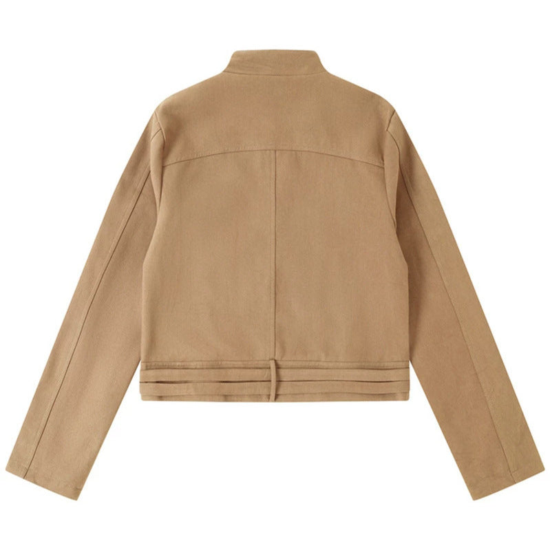 Women's Short Cut Cotton Utility Jacket with Stand-Up Collar Front Zip and Adjustable Waist Straps Chichicherry