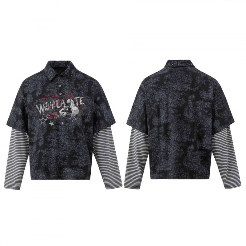 Unisex Layered Look Polo Shirt with Studded Collar, Graphic Print and Striped Sleeves Chichicherry