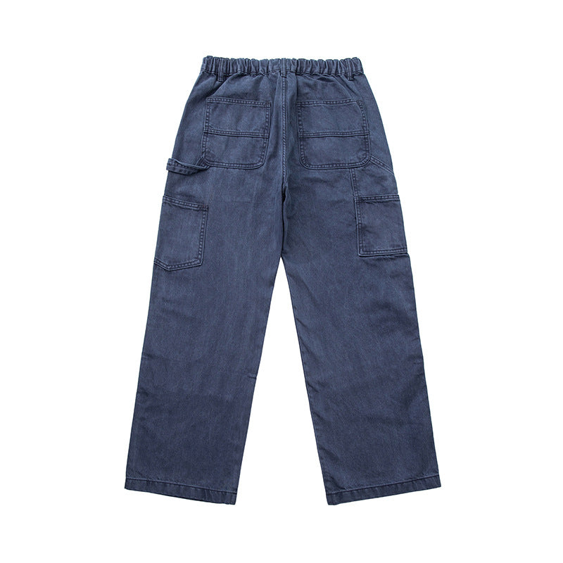Men's Wide Utility Denim Pants with Drawstring Waistband and Patch Pockets Chichicherry