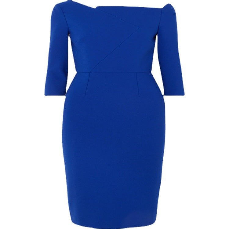 Ladies Figure-hugging Pencil Dress with Off-shoulder Carmen Collar and Three-quarter Sleeves Chichicherry