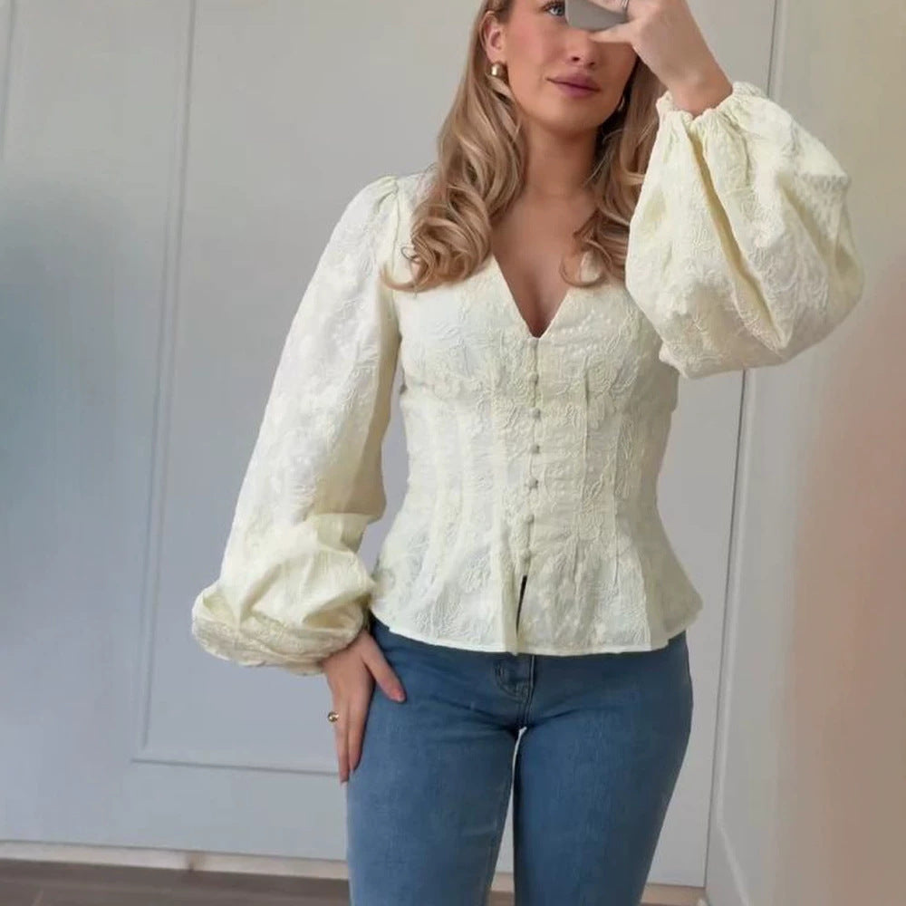 Women's Tailored Lace Blouse in Corset Style with V-Neck, Button Placket and Balloon Sleeves Chichicherry