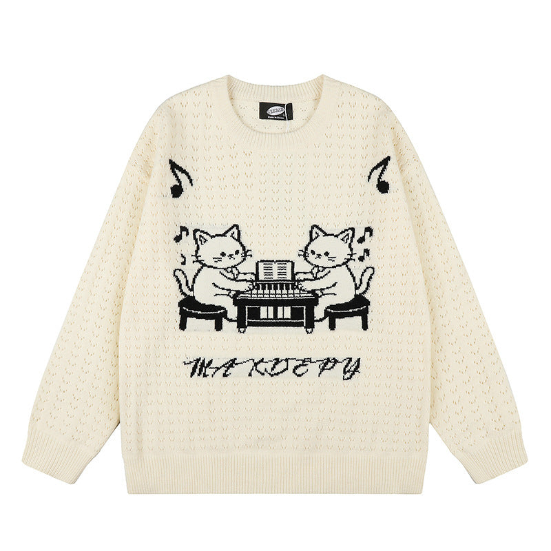 Women's Oversize Knit Sweater with Jacquard Cat Motif and Musical Design Chichicherry