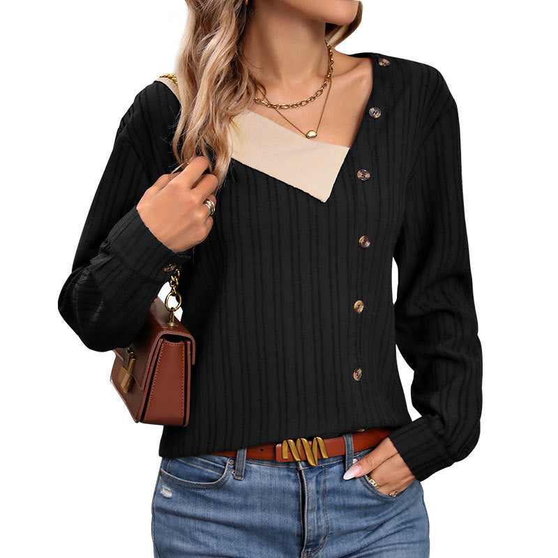 Women's ribbed top with asymmetrical button placket and contrasting V-insert Chichicherry