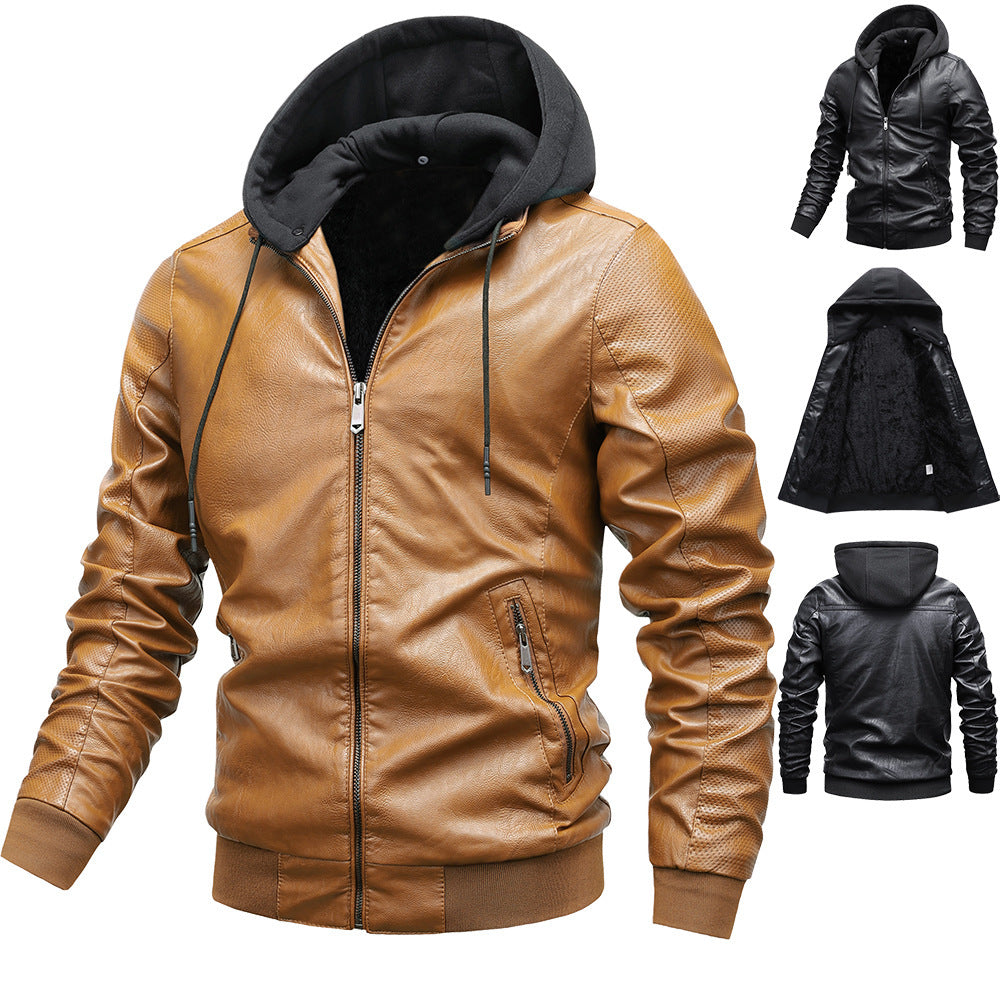 Men's Faux Leather Hoodie Bomber with Teddy Lining, Perforated Sleeves, and Ribbed Cuffs Chichicherry