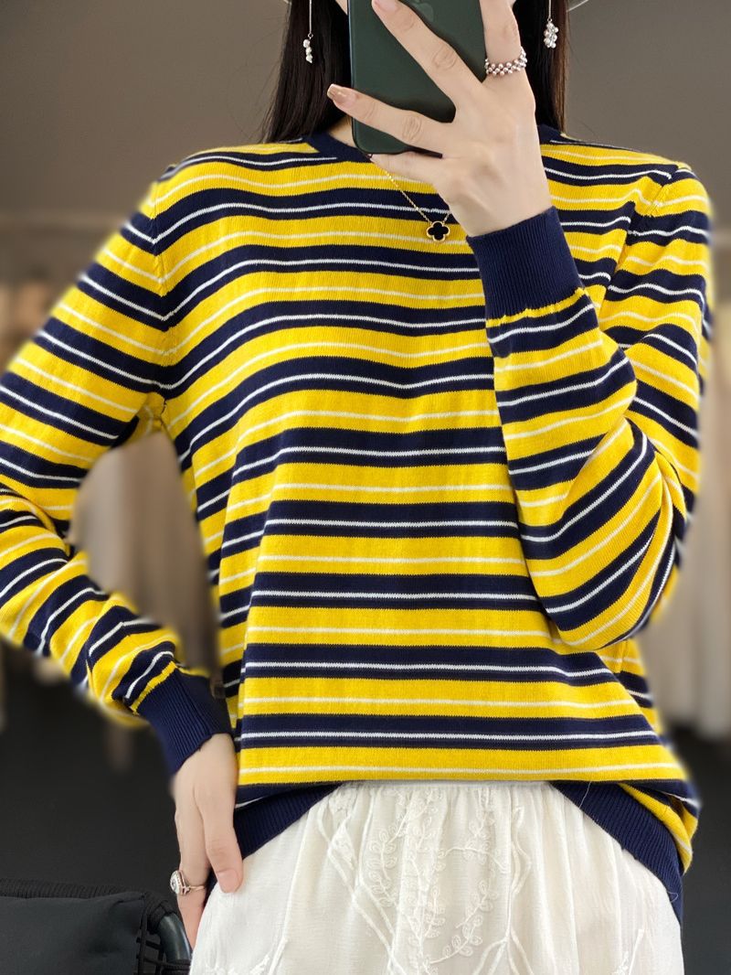 Women's Casual Striped Fine Knit Sweater with Boxy Silhouette and Contrasting Ribbed Cuffs Chichicherry