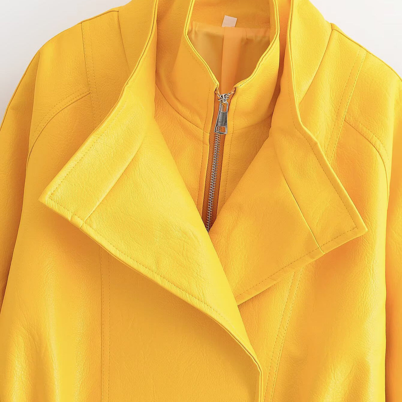 Women Short Faux Leather Jacket with Asymmetrical Lapel and Tailored Drawstring Chichicherry