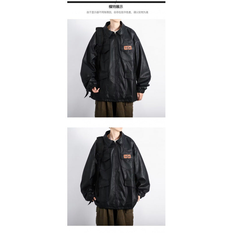 Unisex Oversized Utility Lederimitat Jacke mit Mehreren Klappentaschen Chichicherry