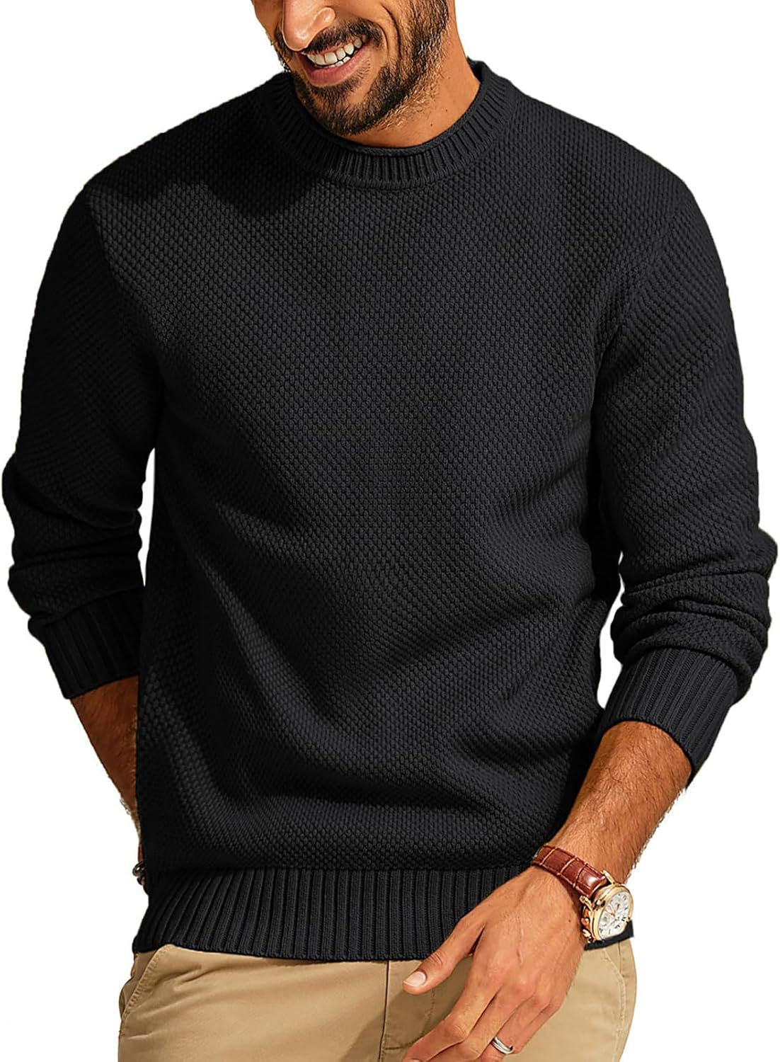 Men's Waffle Knit Sweater with Round Neck Chichicherry