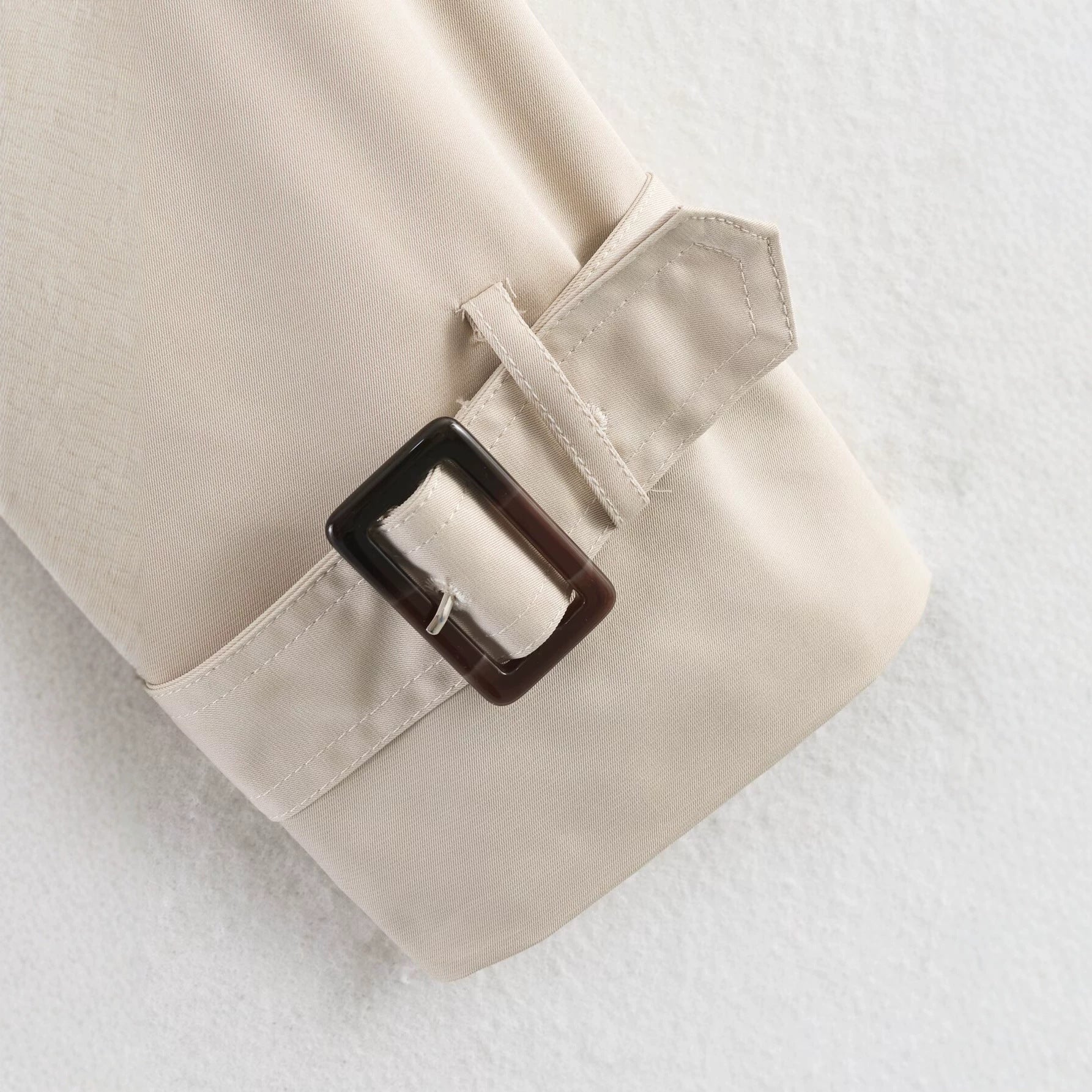 Women's Short Double-Breasted Waist Belt Trench Coat with High Funnel Collar and Shoulder Straps Chichicherry