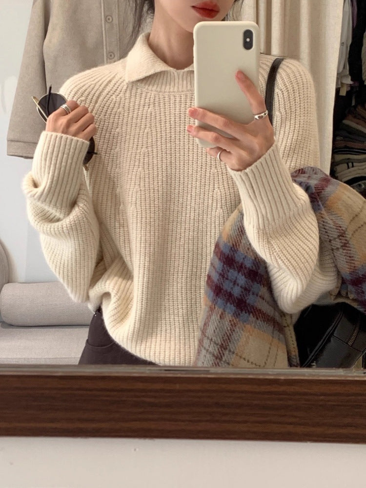 Women's Oversize Polo Collar Fine Knit Sweater with Ribbed Hem and Cashmere-like Feel Chichicherry