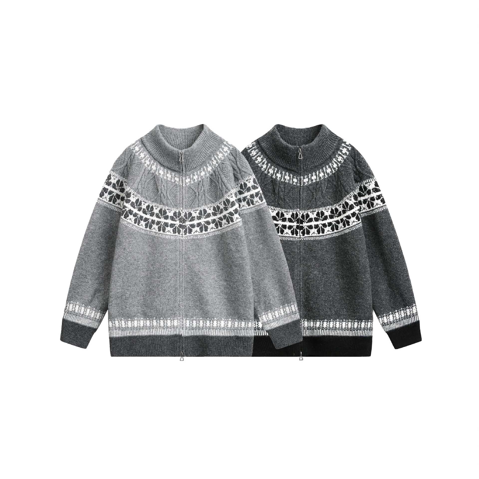 Women's knitted zip jacket in Norwegian pattern with high stand-up collar Chichicherry
