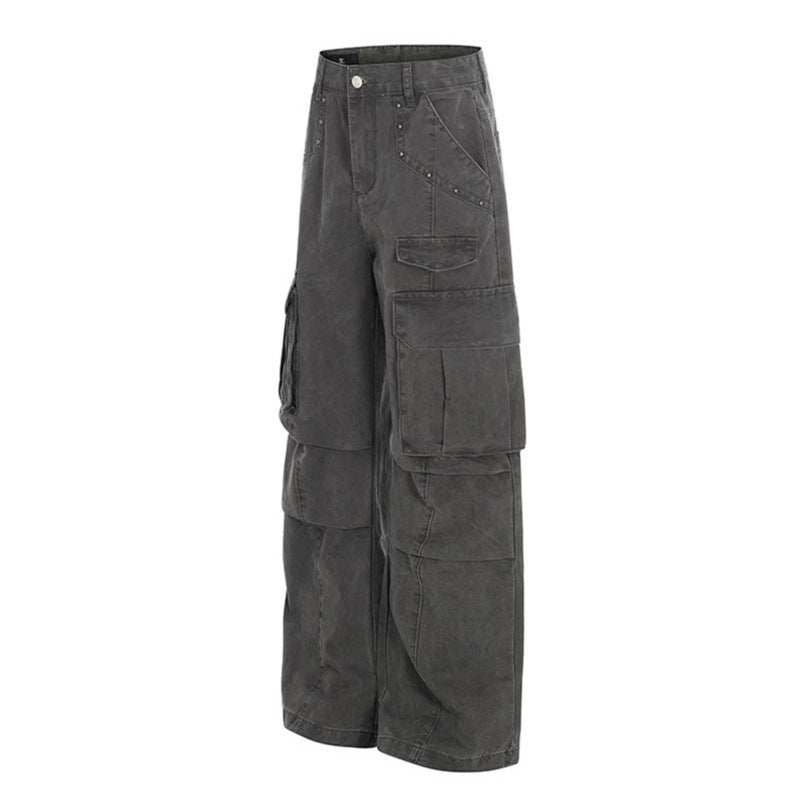 Women High-Waisted Utility Cargo Pants in Worn Look with Wide Leg Chichicherry