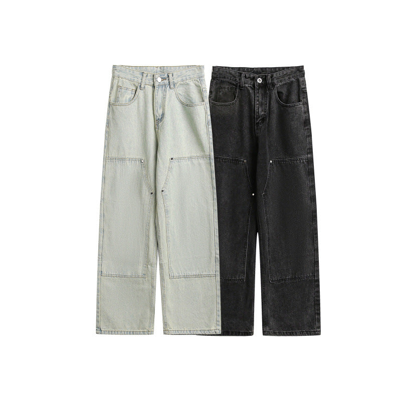 Women's Wide Utility Denim Trousers with Knee Patch, High Waist and Straight Leg Chichicherry
