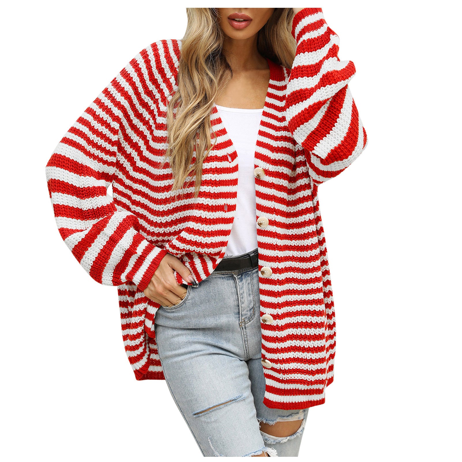Women's striped oversized cardigan with V-neck and button placket Chichicherry