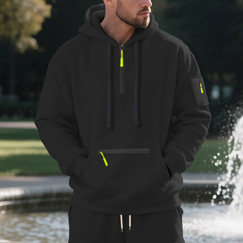 Men's Oversize Hoodie with Half Zipper, Kangaroo Pocket with Zipper and Sleeve Pocket Chichicherry