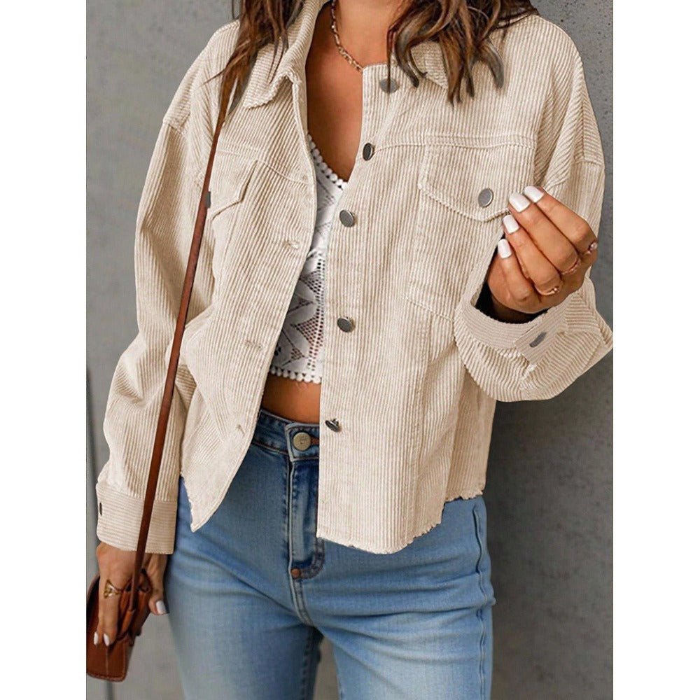 Women's short cord jacket with oversized fit, chest pockets and snap button placket Chichicherry