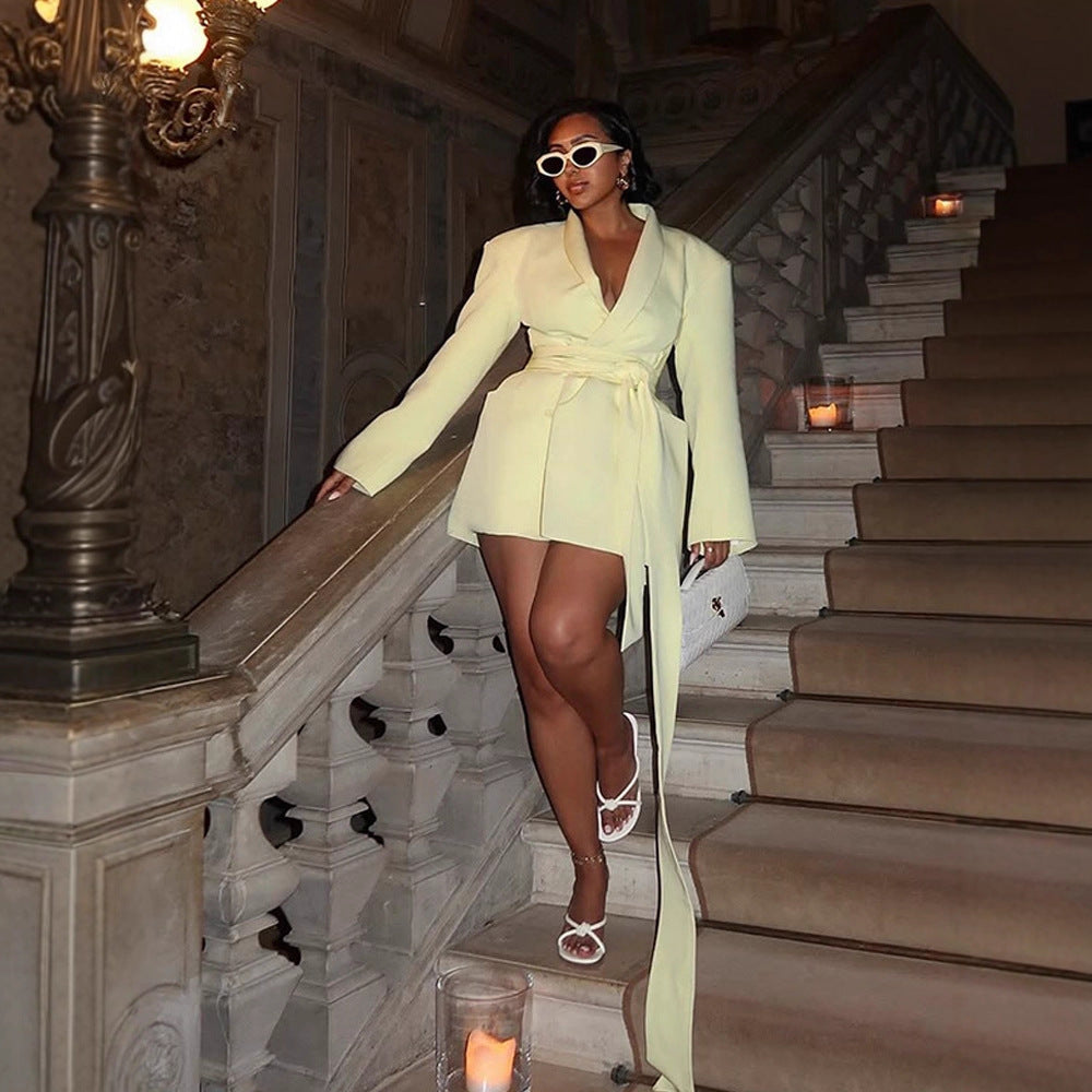 Women's Tailored Blazer Dress with Draped Tie Belt and Structured Shoulders Chichicherry