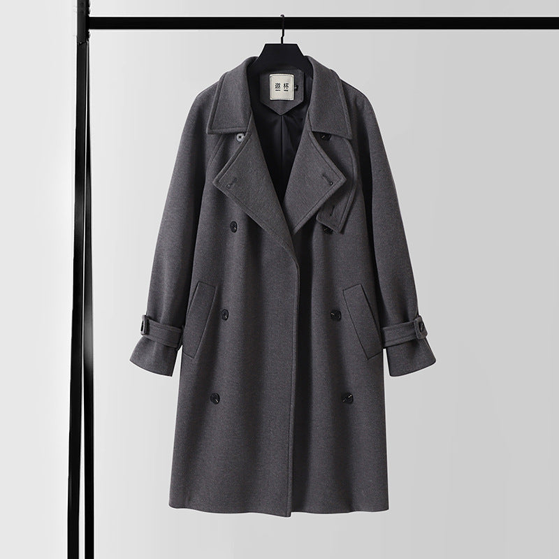 Men's Dramatically Cut Double Breasted Wool Blend Long Coat with Collar Tabs and Tie Belt Chichicherry