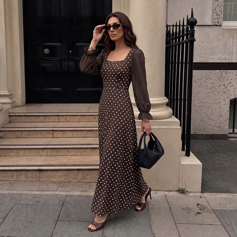 Women's retro-inspired polka dot maxi dress with square neckline and sheer pleated sleeves Chichicherry