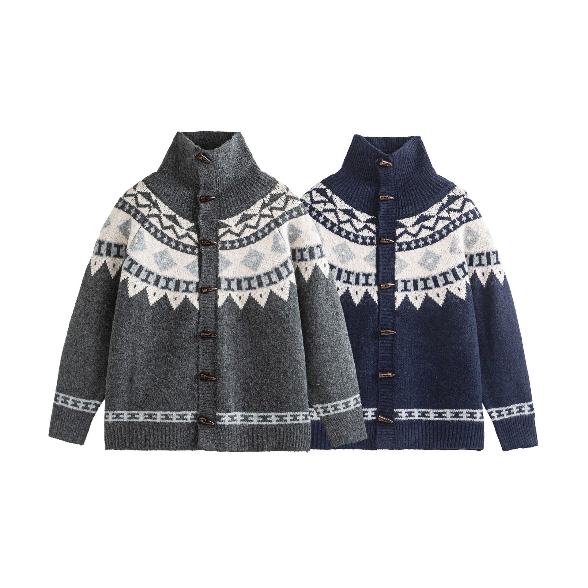 Women's Norwegian pattern knitted cardigan with high stand collar and toggle closures Chichicherry