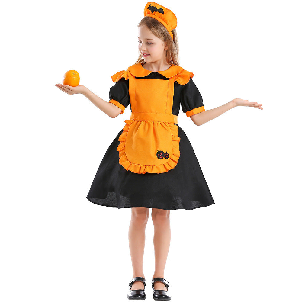 Girls Pumpkin Fairy Costume with Swinging Skirt and Chic Apron Design Chichicherry