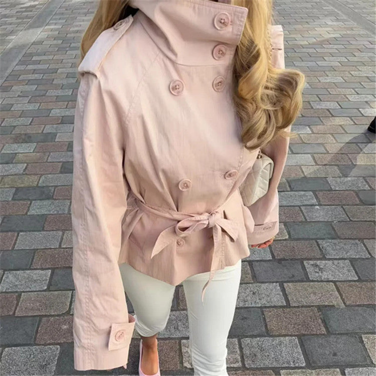 Women's short trench-style jacket with stand-up collar double-breasted and tie belt Chichicherry