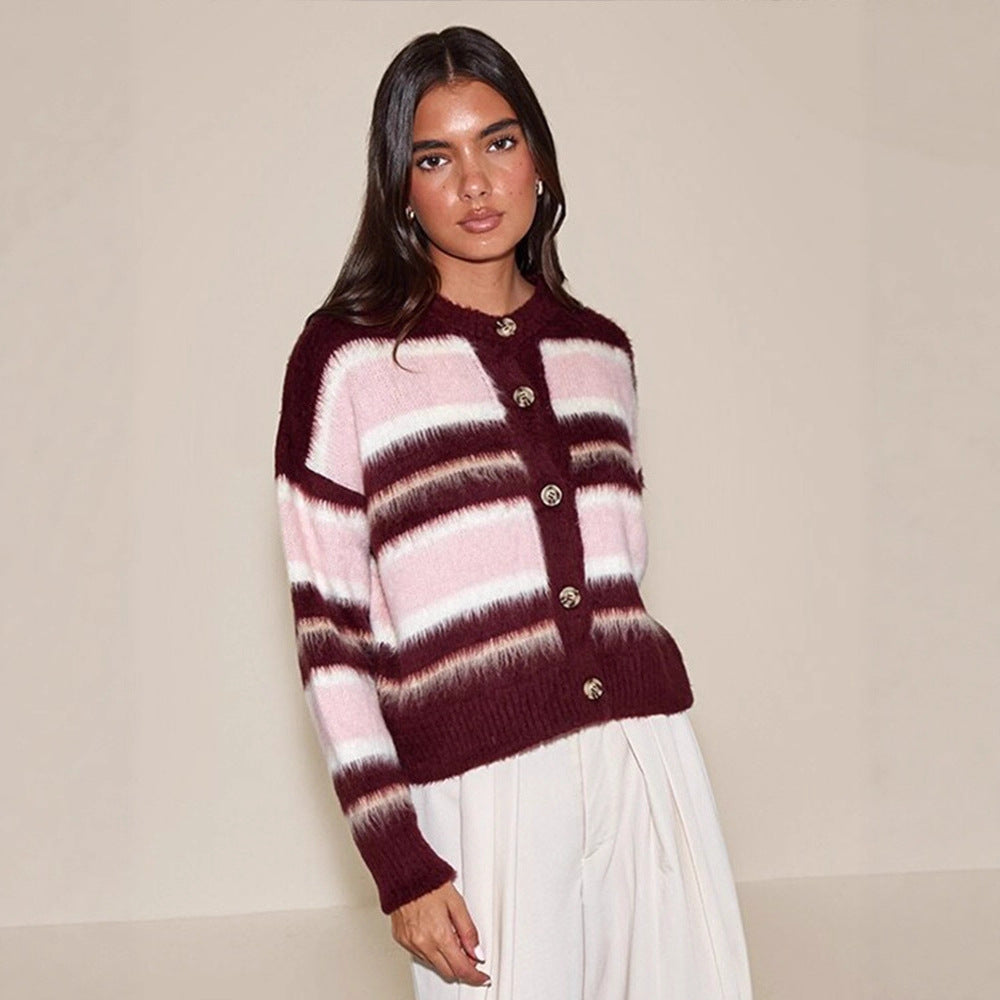 Women's Striped Mohair Blend Knit Cardigan with Button Placket and Cozy Cropped Cut Chichicherry